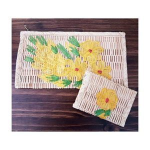 Vintage Set of 2 Handmade Raffia Straw Wicker Bags with Flower Design